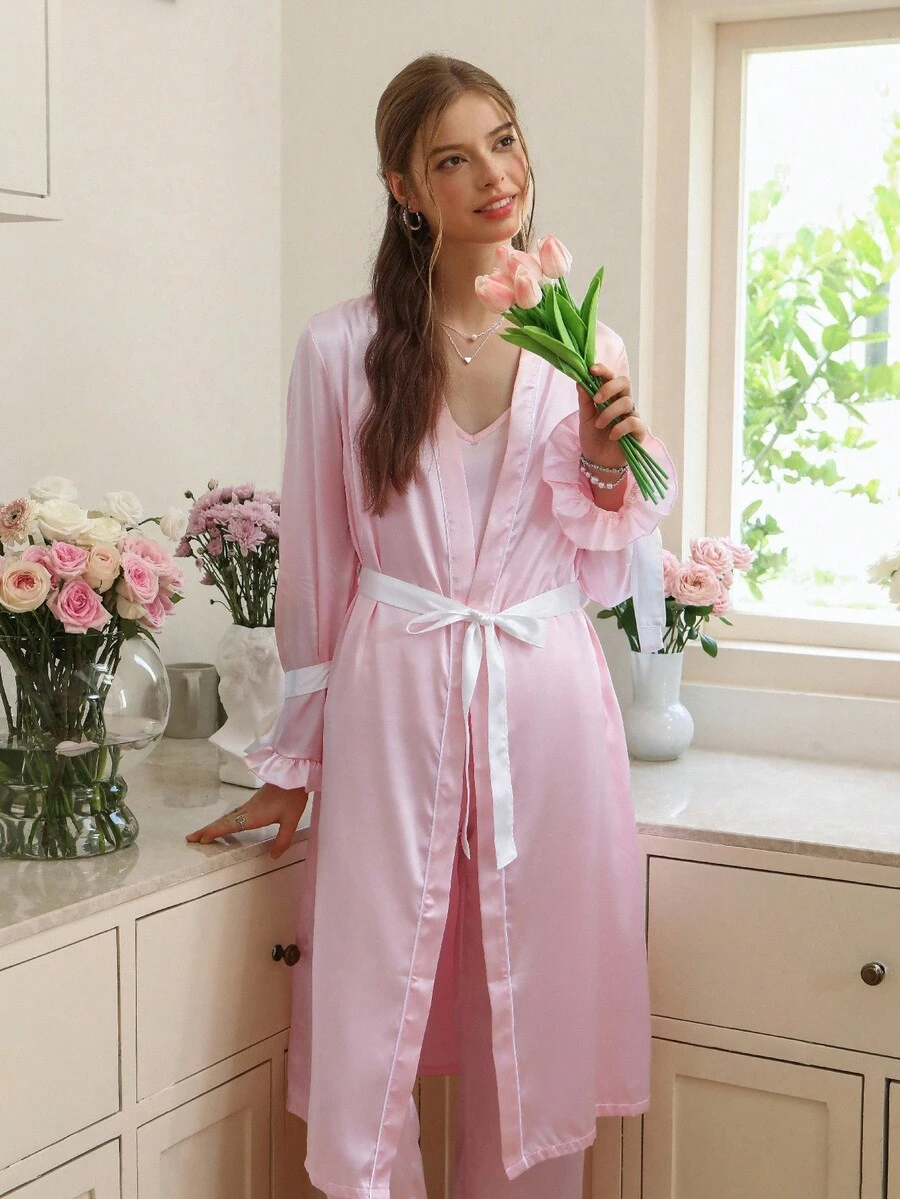 Snug Reverie 3件套女士仿丝吊带背心、裤子和睡袍睡衣套装,粉色荷叶边睡衣套装,浅粉色睡衣套装,新娘睡衣套装,秋冬服装 - 粉色 - 查看 1