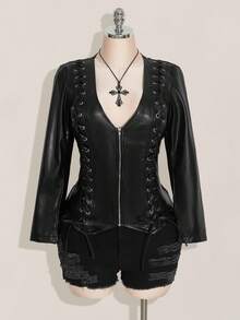 SHEIN ICON Áo khoác da PU cổ chữ V hở phía trước, dây đeo chéo trang trí cỡ lớn màu đen, áo khoác da Y2K cổ điển màu đen, áo khoác nữ thu đông - màu đen - Xem 3