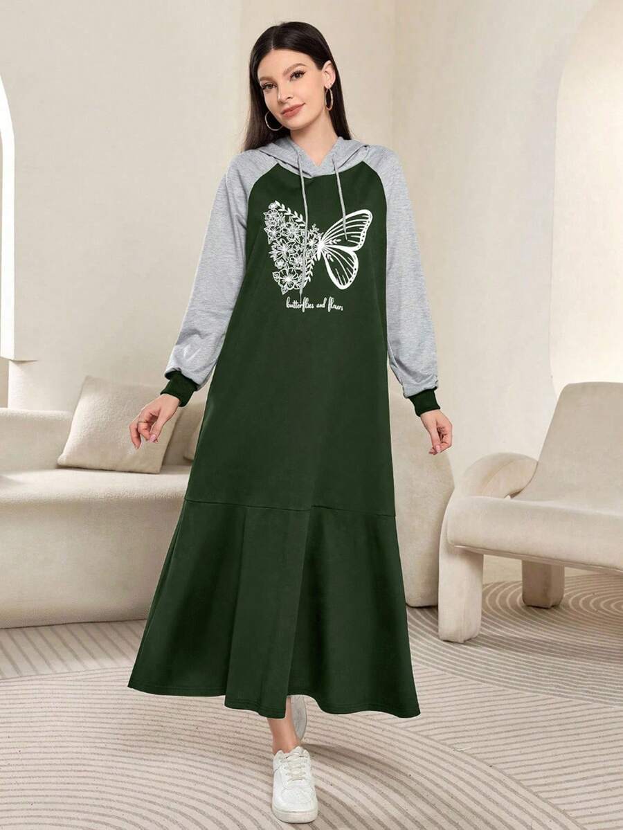 Modelyn Women's Casual Everyday Commute Butterfly & Floral Letter Print Color Block Raglan Sleeve Drawstring Hooded Loose Sweatshirt Dress, Spring/Autumn - Multicolor - View 1