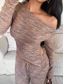 Aloruh Women's Asymmetric Hem Casual Fashion Long Sleeve Asymmetrical Shoulder T-Shirt - Brown - View 6