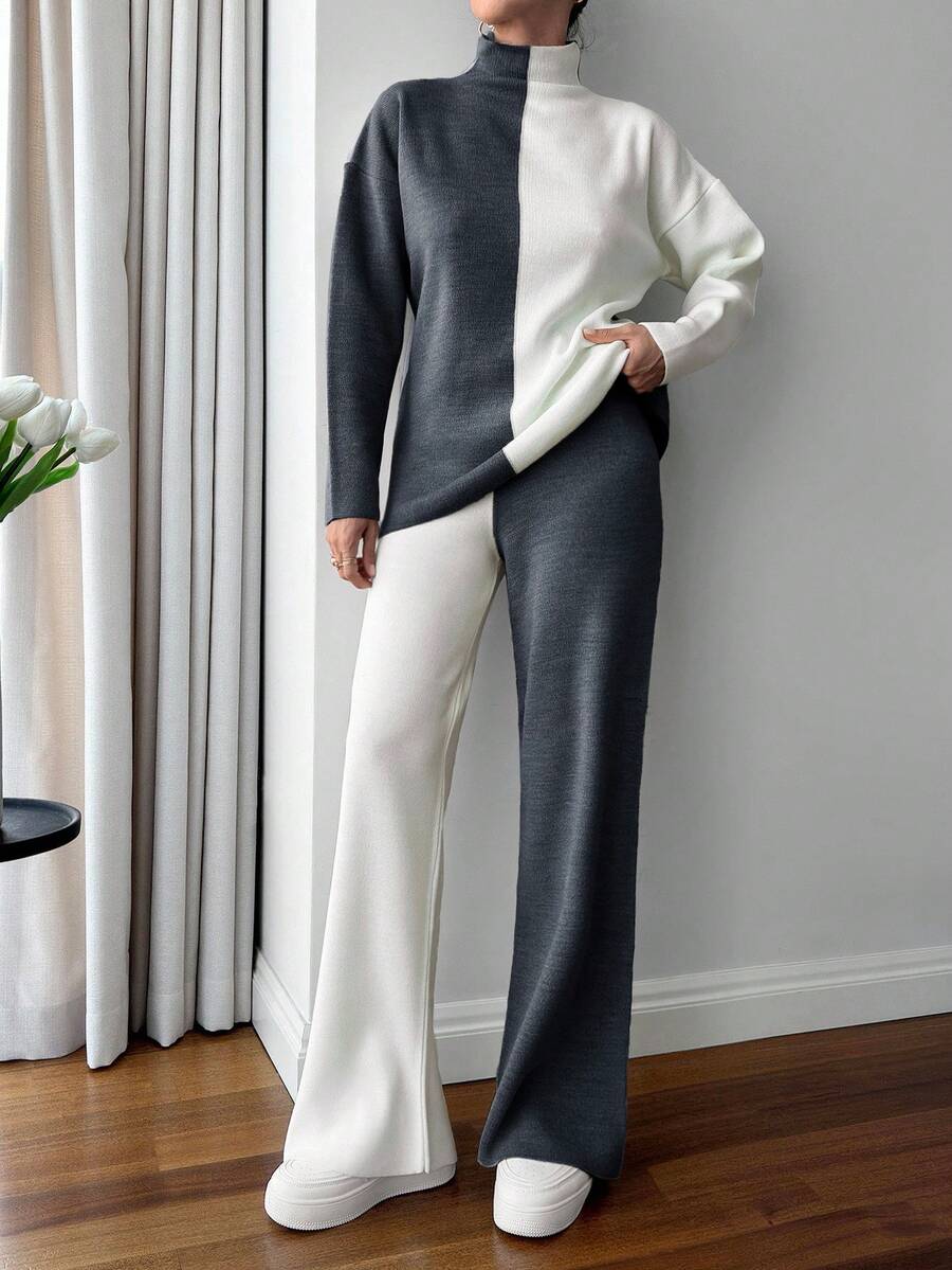 EURMUSE Colorblock Beige Sweater And Pant 2 Pcs Knitwear Set Casual Simple - Dark Grey - View 1