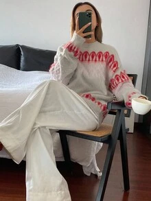 DAZY Women's Ombre Jacquard Loose Fit Crew Neck Long Sleeve Elegant Knit Sweater, Autumn/Winter