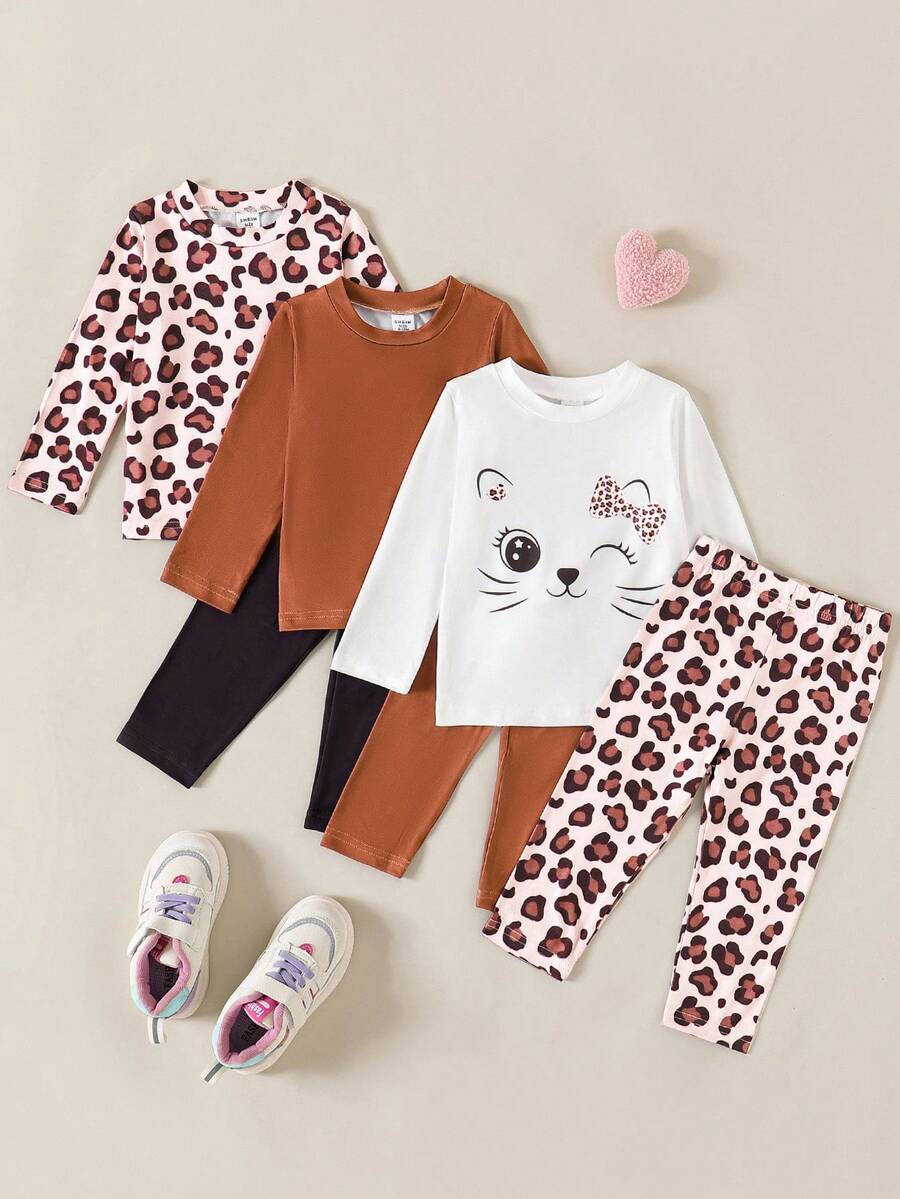 SHEIN Bộ 6 món/Bộ đồ cho bé gái, áo thun dài tay họa tiết da báo dễ thương, đa năng, kèm quần dài, chất liệu vải mềm mại, thoải mái, thích hợp mặc ở nhà và ngoài trời, hiệu suất cao - Nhiều màu - Xem 1