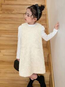 DAZY Girls Plain Apricot Polyester Sleeveless Dress With Round Neck And Zipper Detail For Winter - Apricot - View 7