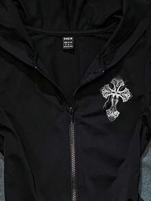 Attitoon 休闲简约十字图案女式纯色修身连帽T恤，秋季 - 黑色 - 查看 4