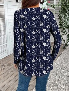 EMERY ROSE 女式休闲度假风格全身花卉印花长袖宽松 T 恤，春秋季 - 藏蓝色 - 查看 2