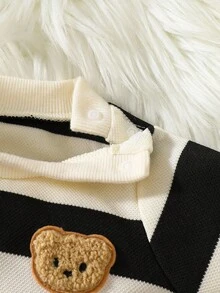 SHEIN Neugeborenen Jungen Schwarz-Weiß gestreiftes Top mit Rundhalsausschnitt und Langarm mit Teddybär Muster, kombiniert mit Hose in der gleichen Farbe, modisch, lässig, einfach und süß