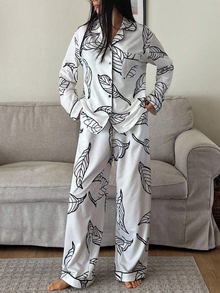 Women's Floral Print Pajama Set, Autumn/Winter, Fall Clothes