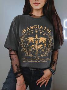EMERY ROSE 第四翼衬衫，Rebecca Yarros，龙骑士，Violt Sorrengail，Basgiath 战争学院，ACOTAR 商品，Basgiath 第四翼衬衫，女士宽松款式，非常适合节日派对和礼物舒适合身短袖经典 T 恤印花图案 T 恤女士休闲短袖上衣 - 深灰色 - 查看 3