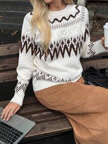 Elyressa 女式休闲费尔岛图案插肩袖宽松针织毛衣，秋冬 - 杏色 - 查看 6