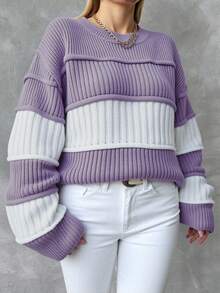 EURMUSE Women's Striped Round Neck Drop Shoulder Sweater - Purple - View 4