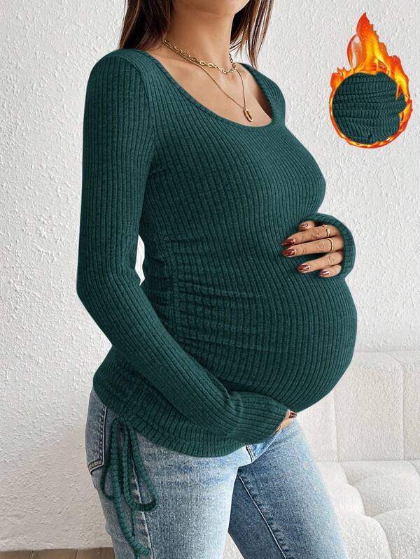 SHEIN Drawstring Ruched Maternity Ribbed Long Sleeve T-Shirt Pregnant Clothes Nursing Top Maternity Tops Pregnancy Shirts Post Partum Clothes