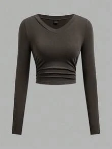 Tseoso 3 件装百搭黑、白、灰色 V 领褶皱腰长袖修身休闲 T 恤女上衣，95% 纯棉 - 彩色 - 查看 5