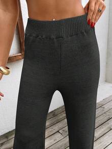 EURMUSE Women's Solid Color High Waist Flare Leg Knit Pants, Elegant For Autumn/Winter - Dark Grey - View 7