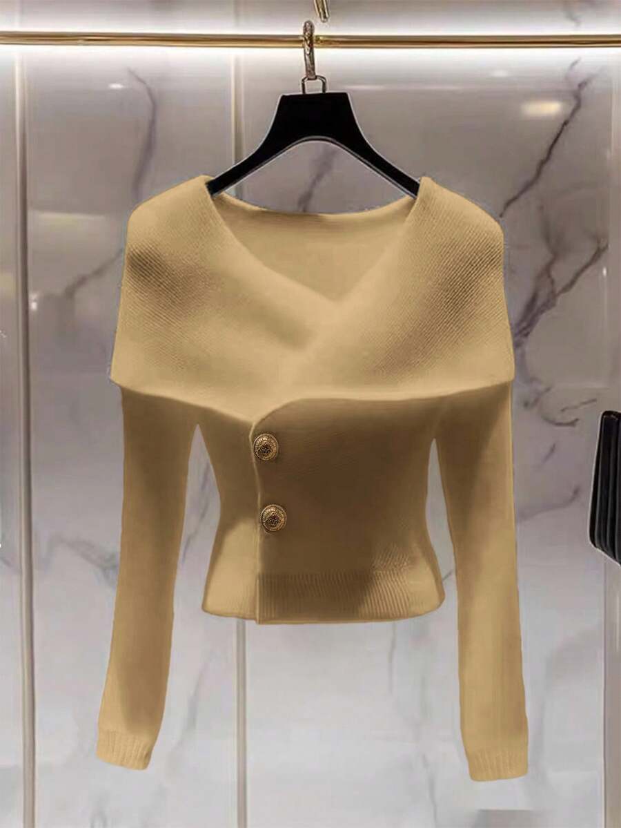 Franclia Áo khoác cardigan nữ cổ chữ thập màu trơn tay raglan cài nút kim loại thời trang tối giản - Lạc đà - Xem 1