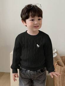 DAZY Toddler Boys' Crew Neck Cable Twist Cartoon Embroidery Solid Color Sweater - Black - View 5
