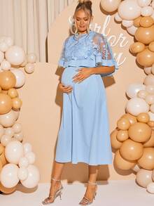 Loomaby 2pcs Maternity Elegant Party Floral Mesh Overlay Top And Dress Set - Blue - View 7