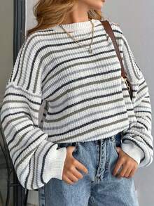 EURMUSE Women Stripe Pattern Round Neck Drop Shoulder Pullover - Multicolor - View 3