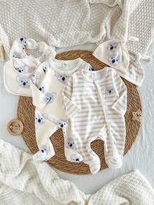 6pcs Newborn Comfortable Long Sleeve Footed Jumpsuit, Cute Koala Pattern Pajamas Set Fall Winter - Multicolor - View 1