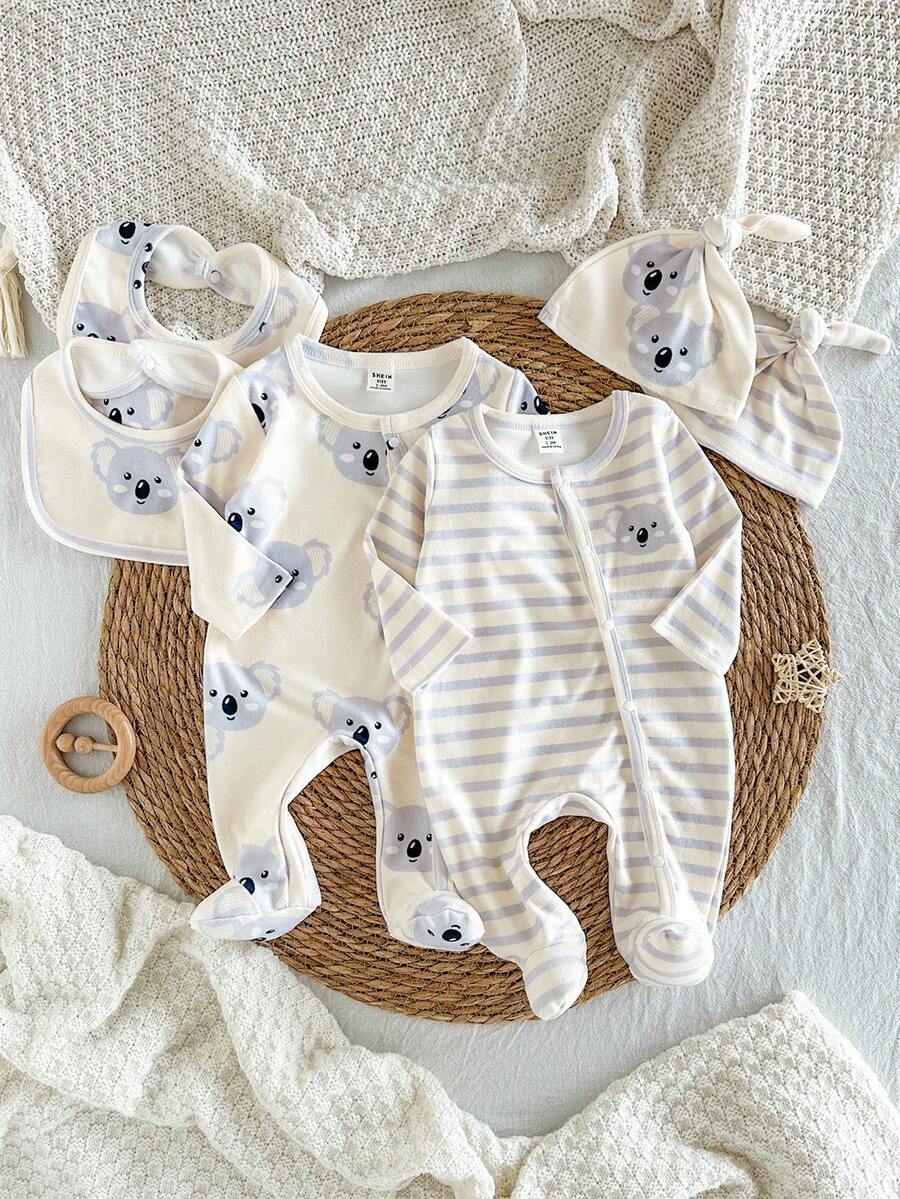 6pcs Newborn Comfortable Long Sleeve Footed Jumpsuit, Cute Koala Pattern Pajamas Set Fall Winter - Multicolor - View 1