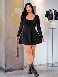 SHEIN EZwear 大码纯色网眼拼布连体衣 - 黑色 - 查看 5