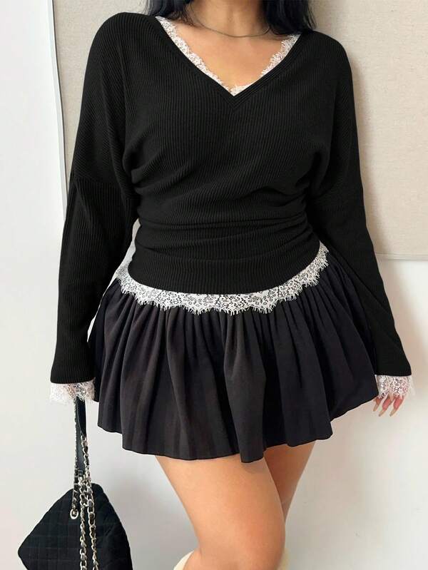 Vibekara 大码女式蝙蝠袖 T 恤上衣、拼布蕾丝和罗纹休闲时尚套头衫