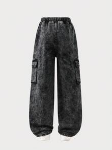 SHEIN Explorewe Tween Girls' Distressed Drawstring Waist Loose Casual Denim Cargo Pants - Grey - View 2