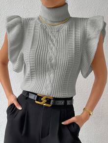 Chiquease Women's Autumn/Winter High Collar Patchwork Ruffle Hem Knitted Vest - Light Grey - View 4