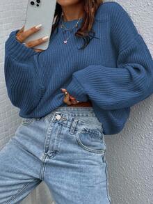 EMERY ROSE Solid Color Crew Neck Casual Versatile Long Sleeve Pullover Sweater - Navy Blue - View 5