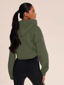 Musera Sport 女士连帽短款尼龙拉链运动夹克，适合板式网球、网球、匹克球、健身房、瑜伽、普拉提等运动，秋季日常休闲穿着 - 軍綠色 - 查看 3