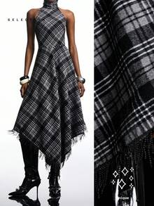 LYSMO Vestido largo asimétrico con escote halter y espalda descubierta a cuadros de moda - Multicolor - Ver 1