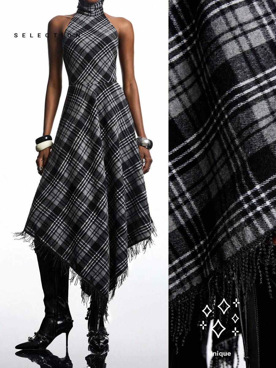 LYSMO Vestido largo asimétrico con escote halter y espalda descubierta a cuadros de moda - Multicolor - Ver 1