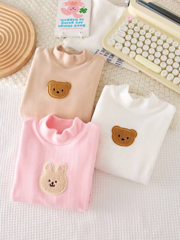 3-częściowy dziewczęcy minimalistyczny zestaw bielizny z długim rękawem w kolorze białym, różowym i beżowym z nadrukiem zwierząt z kreskówek