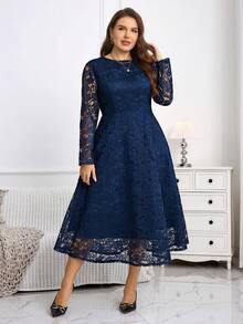 Miaspire 大码蕾丝拼布纯色优雅长袖连衣裙 - 藏蓝色 - 查看 10