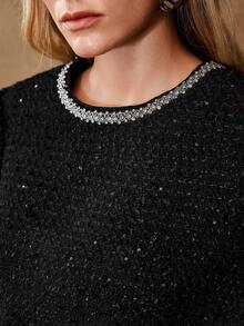MOTF PREMIUM TWEED CONTRAST SEQUIN RHINESTONE TRIM BLOUSE - Black - View 3