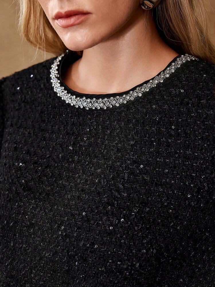 TWEED CONTRAST SEQUIN RHINESTONE TRIM BLOUSE