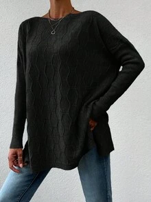 EURMUSE Women's Boat Neck Drop Shoulder Slit Hem Sweater - Black - View 5