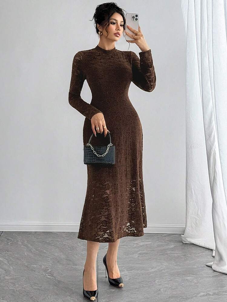 Women's Elegant Stand Collar Lace Mid-Length Dress, Autumn