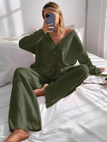 EURMUSE Drop Shoulder Cardigan & Tie Front Knit Pants - Army Green - View 6