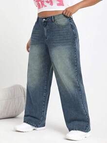 SHEIN CURVE+ Jeans casual con tasche e gamba ampia, taglie comode