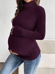 SHEIN Áo thun dài tay cổ cao màu trơn dành cho bà bầu, chất liệu gân, dáng ôm, kiểu dáng thường ngày, thích hợp cho mùa thu. - Màu đỏ tím - Xem 6