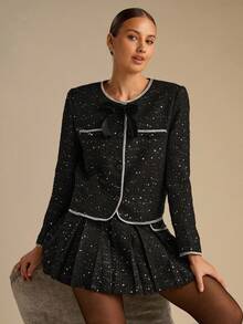 Enchnt 女士优雅长袖蝴蝶结亮片装饰夹克 - 黑色 - 查看 9