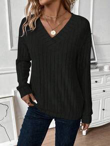 Calvaya 女式罗纹 V 领运动衫、长袖上衣 - 黑色 - 查看 4