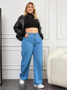 EURMUSE Plus Size Women Pockets Loose Wide Leg Casual Versatile Jeans - Baby Blue - View 5