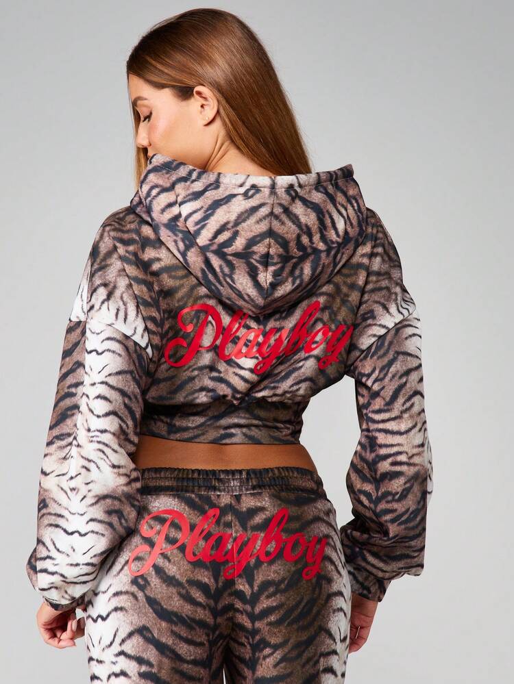 Missguided x Playboy Tiger Stripe Print Cropped Zip Through Hoodie Soft Winter Loungewear Fall Fashion Hooded Sweatshirt Festival Casual Streetwear