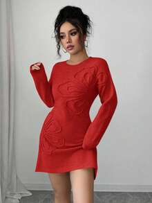 Elenzga 圣诞节和秋冬新款优雅女士圆领长袖超大刺绣花卉长款毛衣裙，适合多种场合和季节 - 紅色 - 查看 5