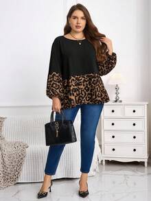 EMERY ROSE 大码女式豹纹拼布休闲宽松长袖圆领衬衫 - 彩色 - 查看 4