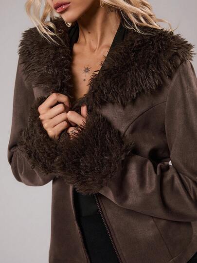 TRNVIE Veste en velours de cerf à manches longues avec col en fausse fourrure, style décontracté pour femmes, automne/hiver