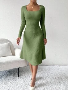 Almamuse Women's Solid Color Square Neck Long Sleeve Casual Knit Dress, Autumn/Winter - Olive Green - View 3