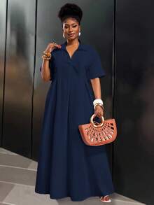 Slaydiva 2025 Spring/Summer New Arrival Vacation & Commute & Casual White Loose Short Sleeve V-Neck Pleated A-Line Maxi Shirt Dress For Plus Size Women